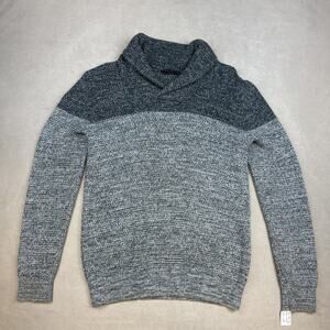 Express Sweater Mens Medium Gray Blue Shawl Collar Marled Colorblock Pullover